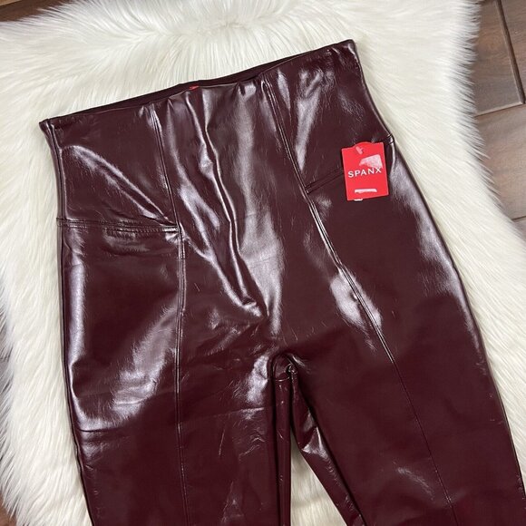 Spanx Women's Size Large Ruby Red Faux Patent Leather Leggings Pant - Picture 2 of 9